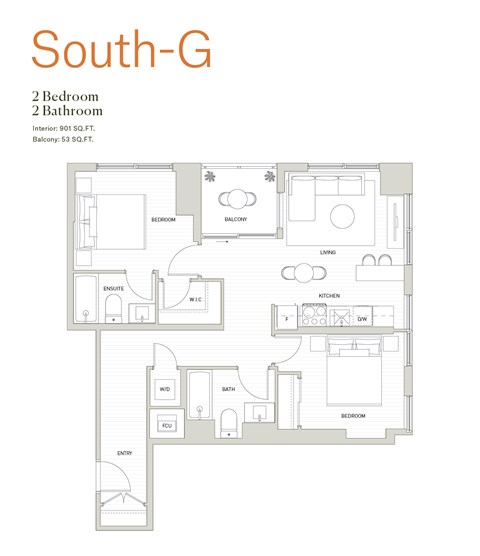 Floor plan for 2 beds, 2 baths, 901 sqft